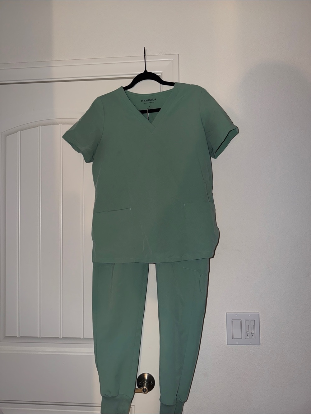 Mandala Women's Scrub Set Size Small in Sage Green - V-Neck Top & Jogger Pants